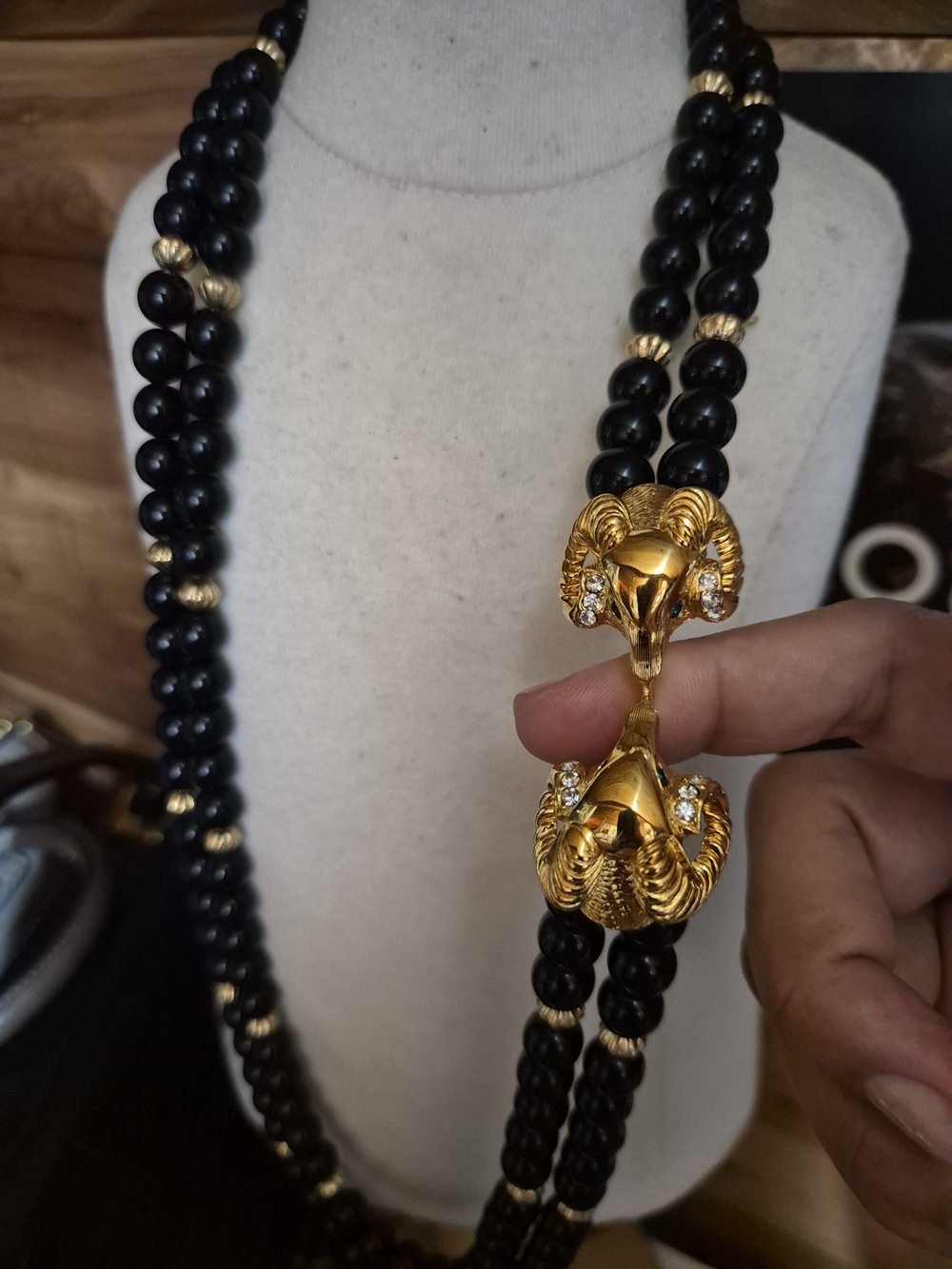 Kenneth Jay Lane Black Bead Necklace with Gold Ram Head Accents